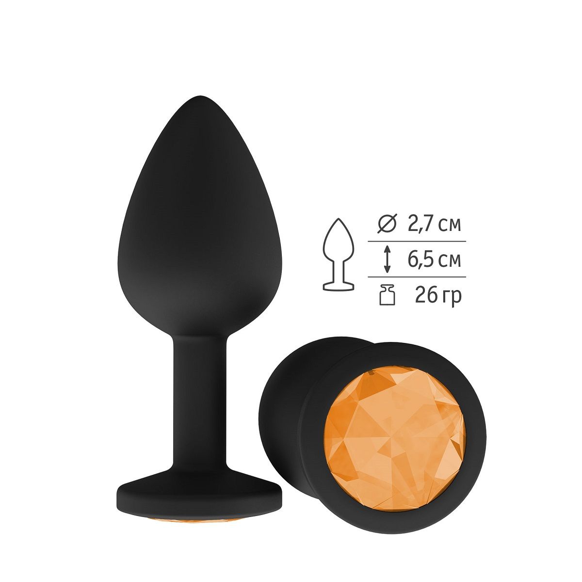 Чёрная анальная втулка с оранжевым кристаллом - 7,3 см. - фото 167447