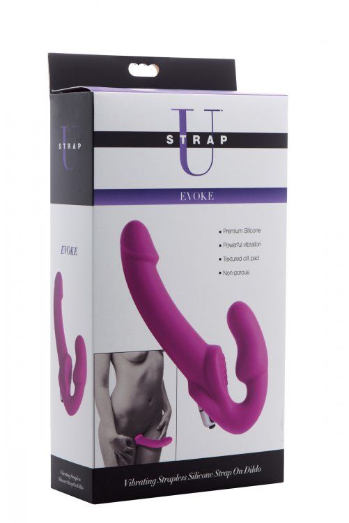 Ярко-розовый безремневой вибрострапон Evoke Vibrating Strapless Silicone Strap-on Dildo - фото 168431