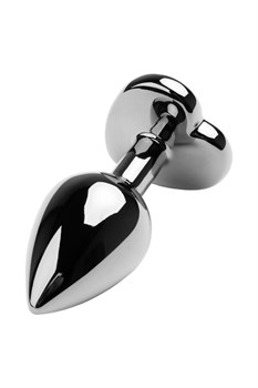 Серебристая коническая анальная пробка с черным кристаллом-сердечком - 7 см. 
