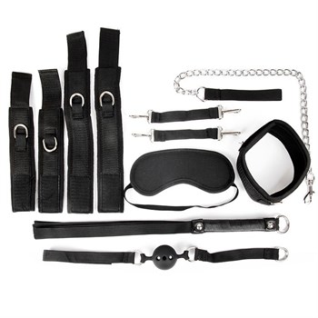 Черный текстильный набор БДСМ: наручники, оковы, ошейник с поводком, кляп, маска, плеть Bior toys NTB-80472