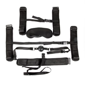 Пикантный черный текстильный набор БДСМ: наручники, оковы, ошейник с поводком, кляп, маска Bior toys NTB-80471