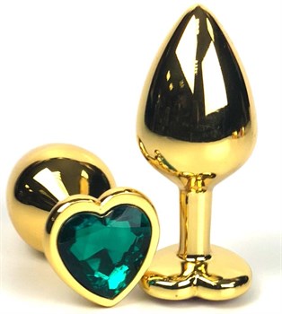 Золотистая анальная пробка с зеленым кристаллом-сердцем - 8 см.