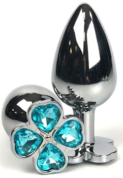 Серебристая анальная втулка с клевером из голубых кристаллов - 8 см.