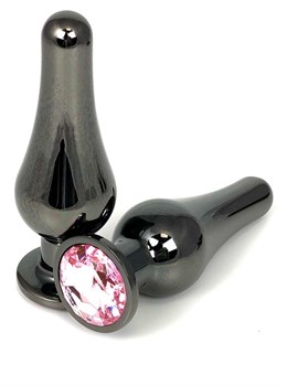 Черная удлиненная анальная пробка с нежно-розовым кристаллом - 10 см.