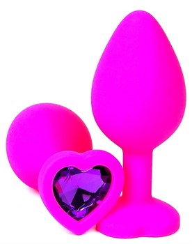 Розовая силиконовая пробка с фиолетовым кристаллом-сердцем - 8,5 см.