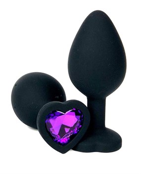 Черная силиконовая пробка с фиолетовым кристаллом-сердцем - 10,5 см.