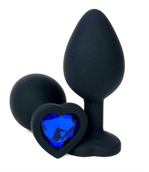 Черная силиконовая пробка с синим кристаллом-сердцем - 10,5 см.