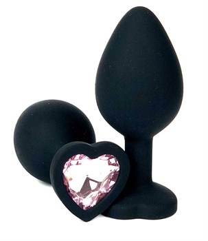 Черная силиконовая пробка с нежно-розовым кристаллом-сердцем - 10,5 см.