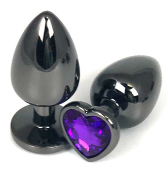 Черная металлическая анальная пробка с фиолетовым стразом-сердечком - 9 см.
