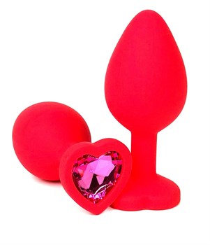 Красная силиконовая анальная пробка с розовым стразом-сердцем - 8 см.