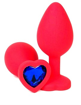 Красная силиконовая анальная пробка с синим стразом-сердцем - 8,5 см.