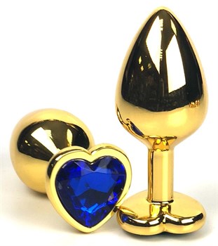 Золотистая анальная пробка с синим кристаллом-сердцем - 6 см.
