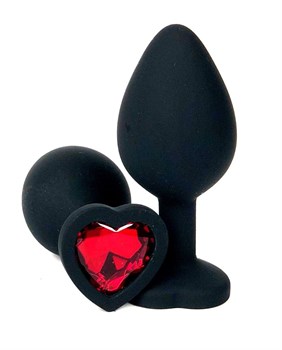 Черная силиконовая пробка с красным кристаллом-сердцем - 8 см.