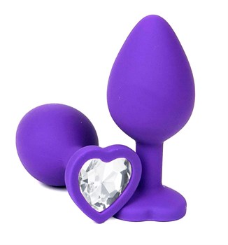 Фиолетовая силиконовая анальная пробка с прозрачным стразом-сердцем - 8,5 см.