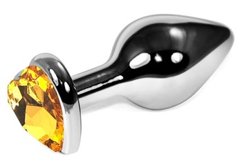 Серебристая анальная пробка с оранжевым кристаллом-сердцем - 9 см.