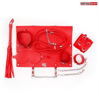 Красный набор БДСМ в сумке: маска, ошейник с поводком, наручники, оковы, плеть
