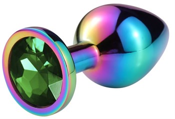 Разноцветная гладкая анальная пробка с зеленым кристаллом - 6,8 см.