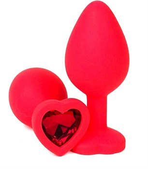 Красная силиконовая анальная пробка с красным стразом-сердцем - 8,5 см.