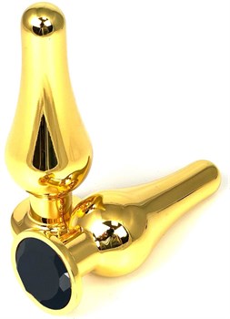 Золотистая удлиненная анальная пробка с черным кристаллом - 8 см.