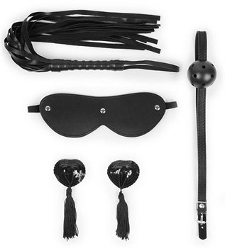 Эротический набор в черном цвете: маска, кляп, пэстисы, плётка Bior toys NTB-80610