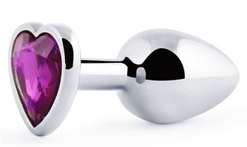 Серебристая анальная пробка с фиолетовым кристаллом-сердечком - 8 см. Anal Jewelry Plug MCH-04