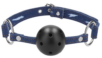 Кляп-шарик With Roughend Denim Straps с синими джинсовыми ремешками