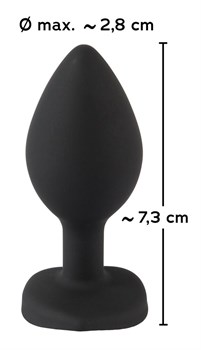 Черная силиконовая анальная пробка с прозрачным стразом-сердечком - 7,3 см.