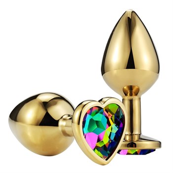 Золотистая гладкая анальная пробка с разноцветным кристаллом-сердечком - 7,5 см.