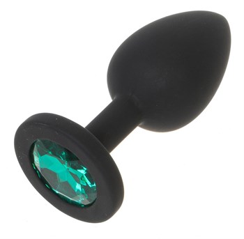 Черная силиконовая анальная пробка с зеленым кристаллом - 7,3 см.