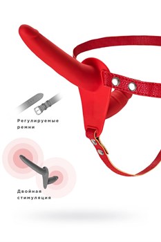 Красный страпон на ремнях с вагинальной пробкой - 15 см. - фото 82998