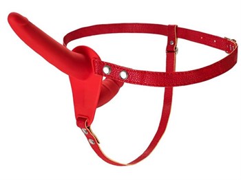 Красный страпон на ремнях с вагинальной пробкой - 15 см. - фото 82997