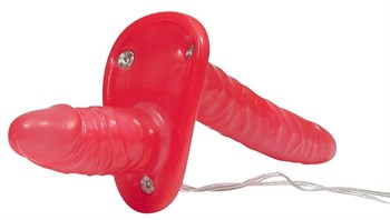 Красный женский страпон с вагинальной пробкой Bad Kitty - 18 см.
