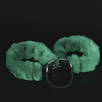 Черные кожаные наручники со съемной зеленой опушкой