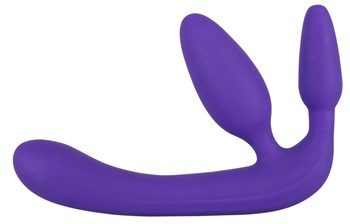 Безремневой страпон с двумя пробками 20 см. фиолетового цвета