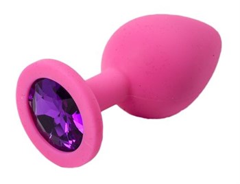 Розовая силиконовая пробка с фиолетовым кристаллом - 8,2 см.