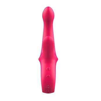 Розовый вибратор со стимулятором клитора и ручкой-кольцом - 22,6 см.