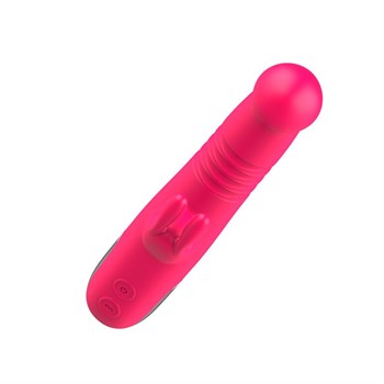 Розовый вибратор-ротатор со стимулятором клитора и возвратно-поступательными движениями - 22,4 см.