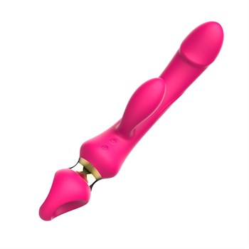 Розовый вибратор-кролик с ручкой-кольцом - 24,6 см.