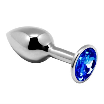 Серебристая анальная втулка с синим кристаллом Mini Metal Butt Plug Size S - 7 см. 489269