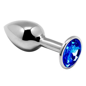 Серебристая анальная втулка с синим кристаллом Mini Metal Butt Plug Size M - 8 см. 489272