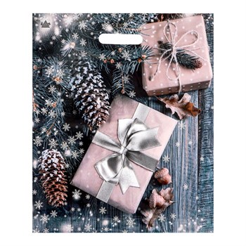 Новогодний пакет с принтом в виде подарков и вырубной ручкой (45х38 см) 495931