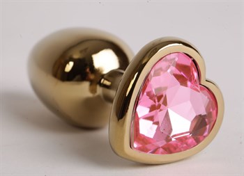 Золотистая анальная пробка с розовым стразиком-сердечком - 7,5 см.