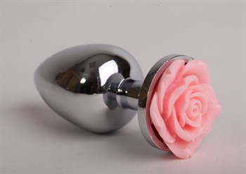 Серебристая анальная пробка со светло-розовой розочкой - 8 см.