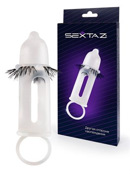 Эластичная насадка на пенис с подхватом мошонки и стимулирующими «ресничками» 529526