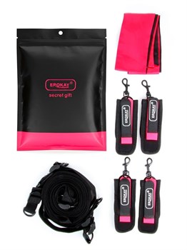 Черно-розовый эротический набор: фиксатор, оковы, наручники, повязка 529543