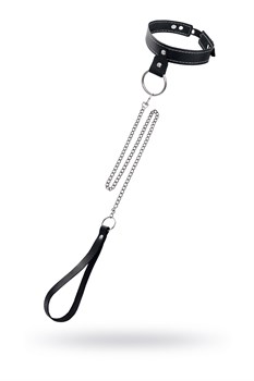 Черный узкий однослойный ошейник с серебристым поводком-цепочкой 529794