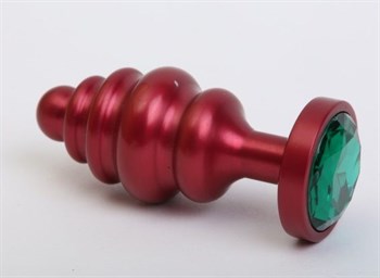 Красная ребристая анальная пробка с зеленым стразом - 7,3 см.