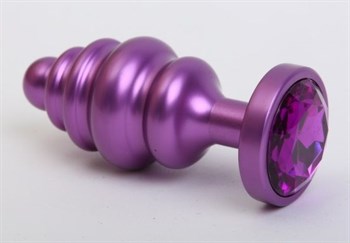 Фиолетовая ребристая анальная пробка с фиолетовым кристаллом - 7,3 см.