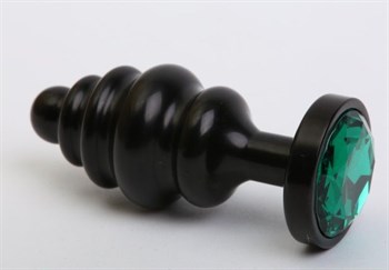 Чёрная ребристая анальная пробка с зеленым кристаллом - 7,3 см.