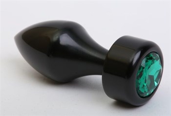 Чёрная анальная пробка с широким основанием и зелёным кристаллом - 7,8 см.